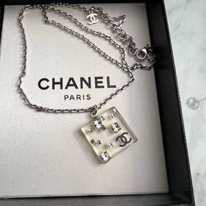 Chanel Silver Necklace with Clear Square Lucite, Crystal CC Logo Pendant